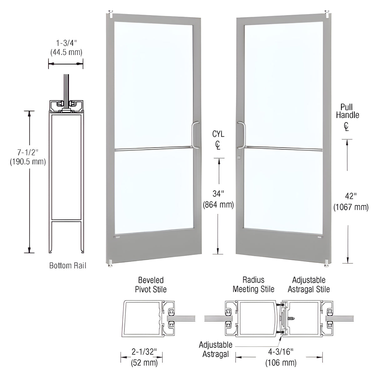 CRL-U.S. Aluminum Clear Anodized Custom Pair Series 250 Narrow Stile Offset Pivot Entrance Doors for Surface Mount Door Closers