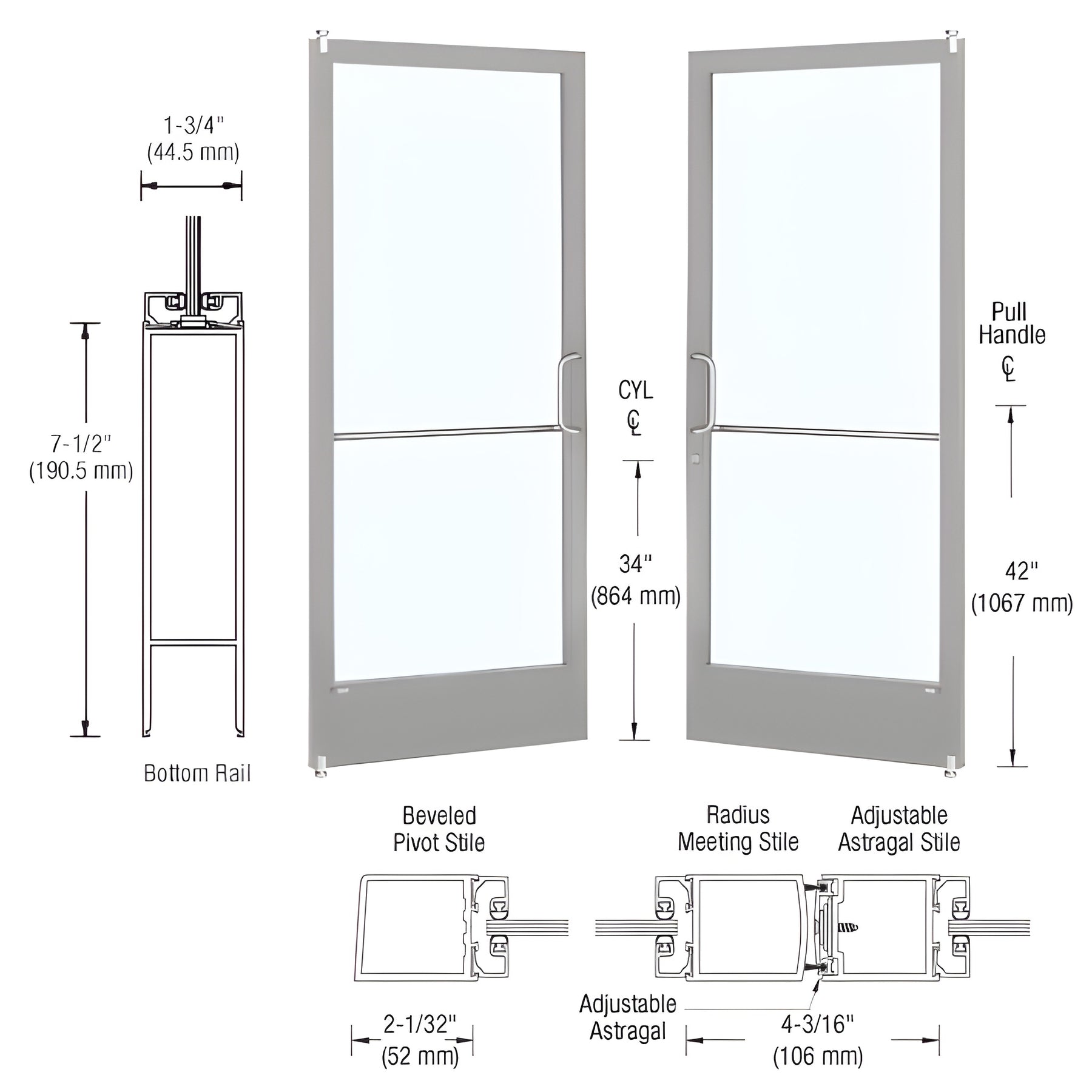 CRL-U.S. Aluminum Clear Anodized Custom Pair Series 250 Narrow Stile Offset Pivot Entrance Doors for Surface Mount Door Closers