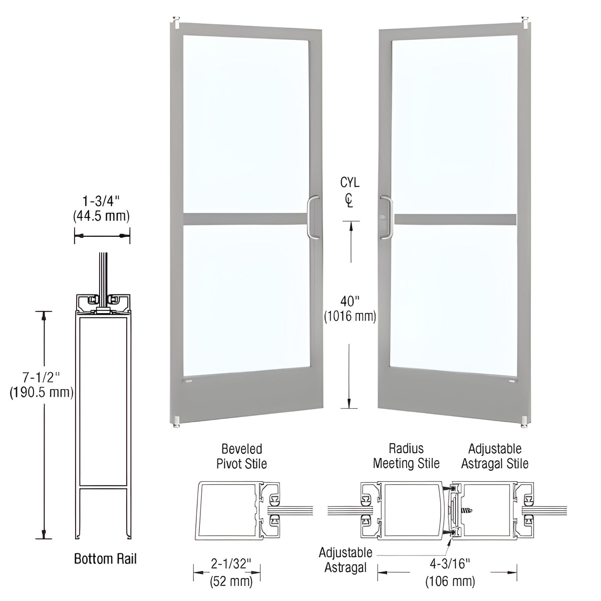 CRL-U.S. Aluminum Clear Anodized Custom Pair Series 250 Narrow Stile Offset Pivot Entrance Doors With Panics for Surface Mount Door Closers