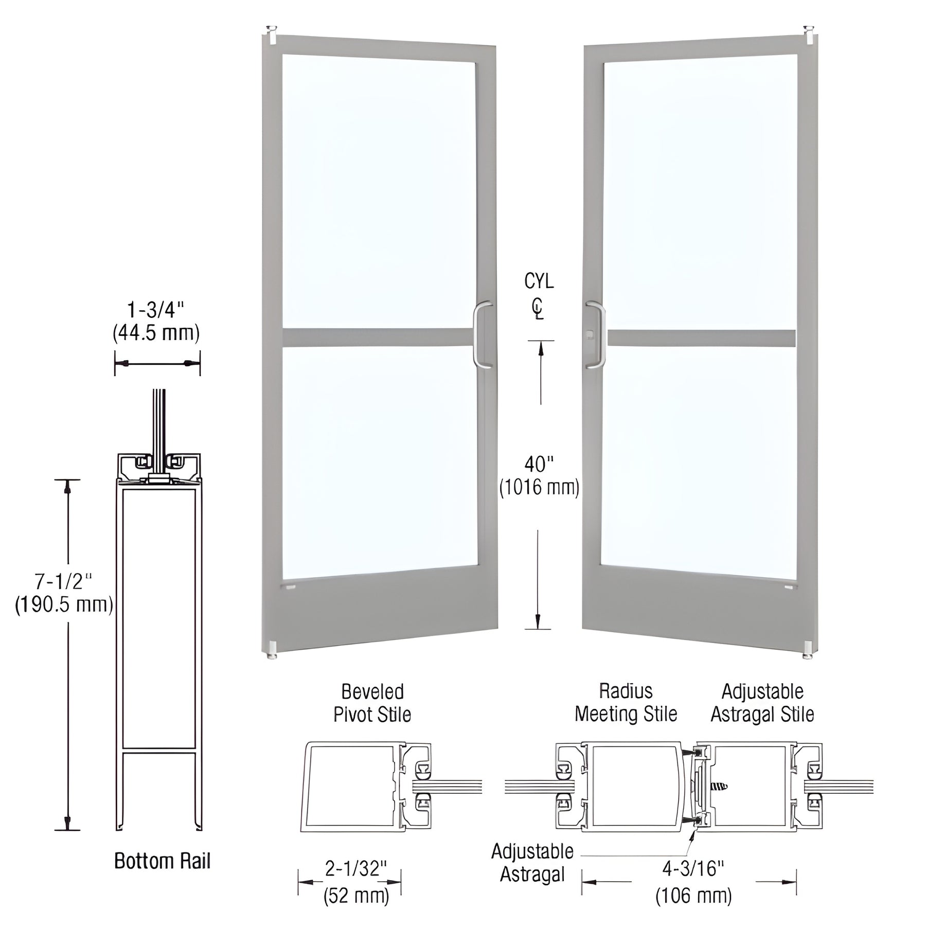 CRL-U.S. Aluminum Clear Anodized Custom Pair Series 250 Narrow Stile Offset Pivot Entrance Doors With Panics for Surface Mount Door Closers