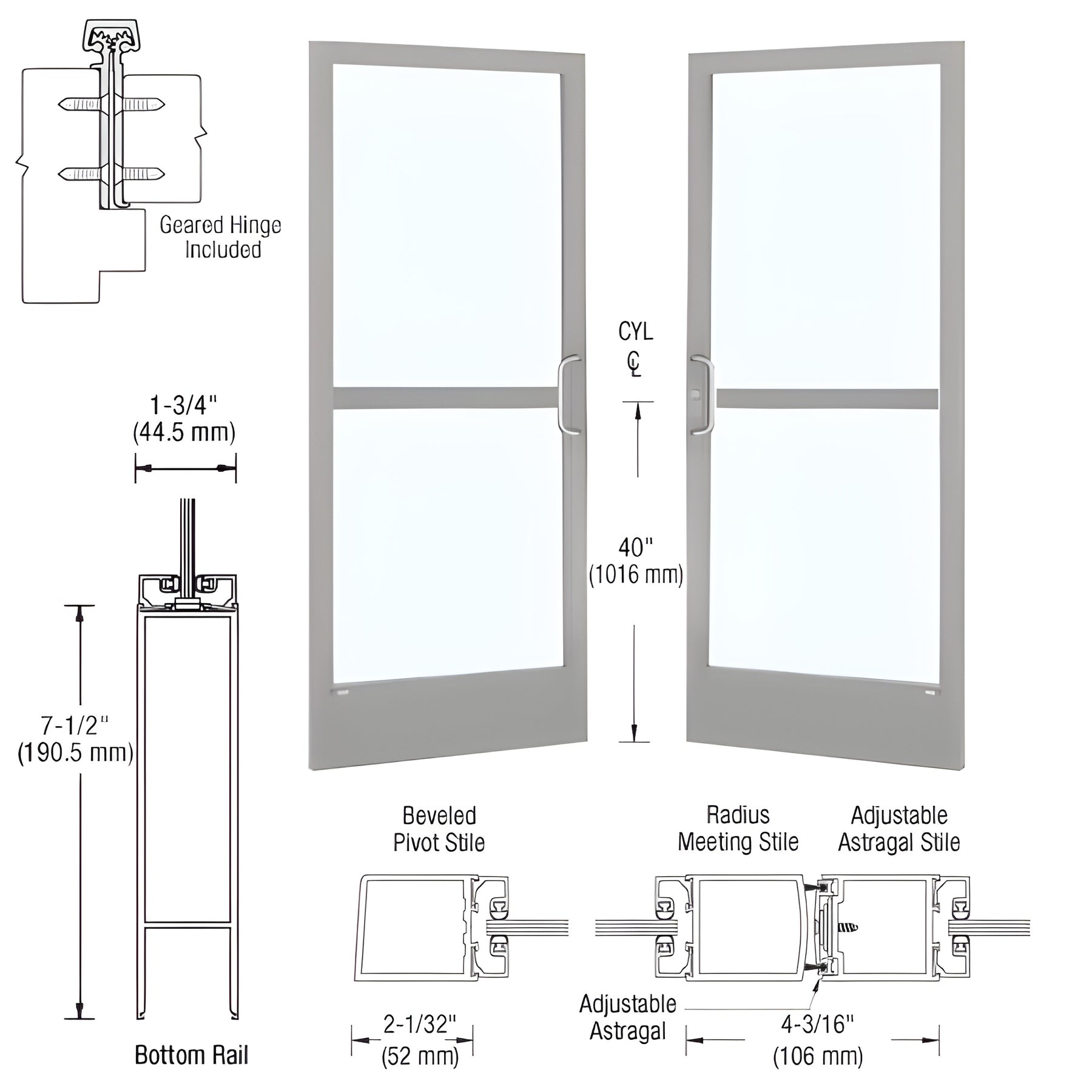 CRL-U.S. Aluminum Clear Anodized Custom Pair Series 250 Narrow Stile Geared Hinge Entrance Doors With Panics for Surface Mount Door Closers