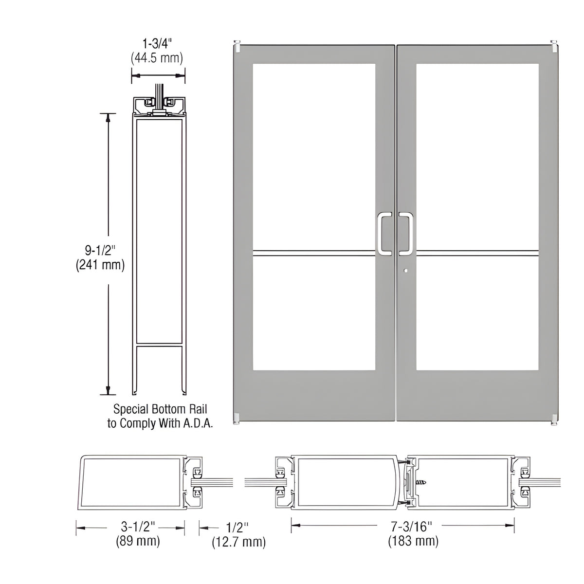 CRL-U.S. Aluminum Clear Anodized Custom Pair Series 400 Medium Stile Offset Pivot Entrance Doors for Surface Mount Door Closers