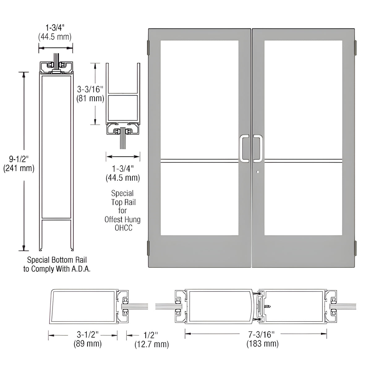 CRL-U.S. Aluminum Clear Anodized Custom Pair Series 400 Medium Stile Butt Hinged Entrance Door for Overhead Concealed Door Closers
