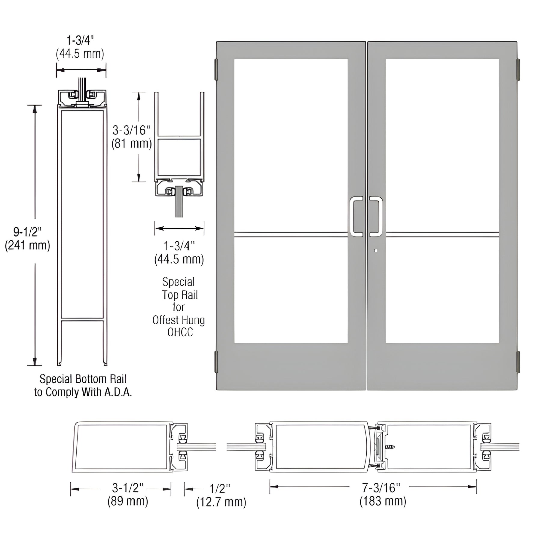 CRL-U.S. Aluminum Clear Anodized Custom Pair Series 400 Medium Stile Butt Hinged Entrance Door for Overhead Concealed Door Closers