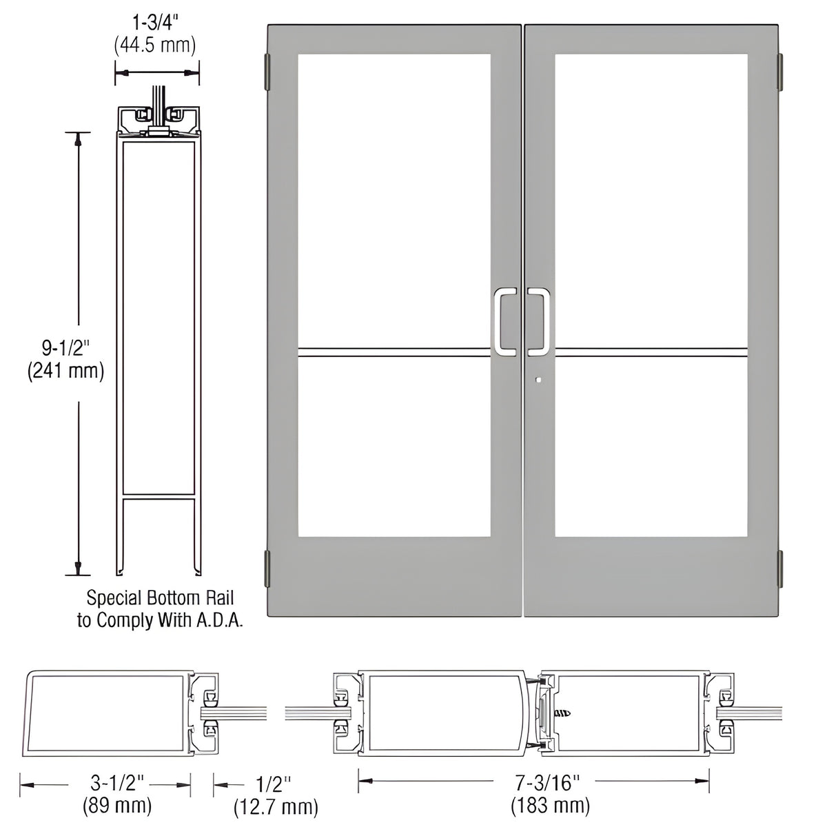 CRL-U.S. Aluminum Clear Anodized Custom Pair Series 400 Medium Stile Butt Hinged Entrance Door for Surface Mount Door Closer
