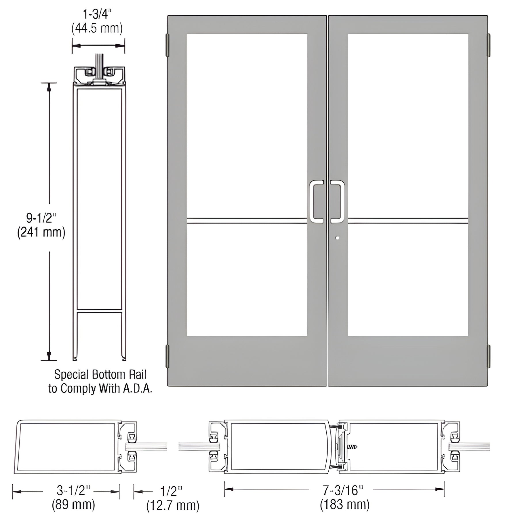 CRL-U.S. Aluminum Clear Anodized Custom Pair Series 400 Medium Stile Butt Hinged Entrance Door for Surface Mount Door Closer