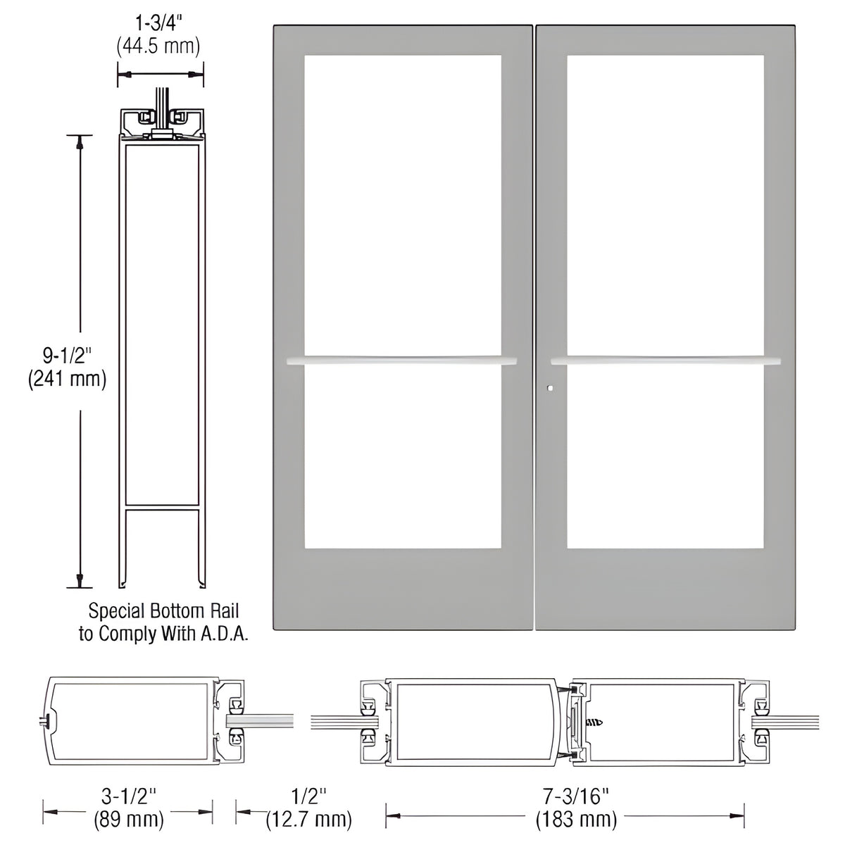 CRL-U.S. Aluminum Clear Anodized Custom Pair Series 400 Medium Stile Center Pivot Entrance Door for Overhead Concealed Door Closers