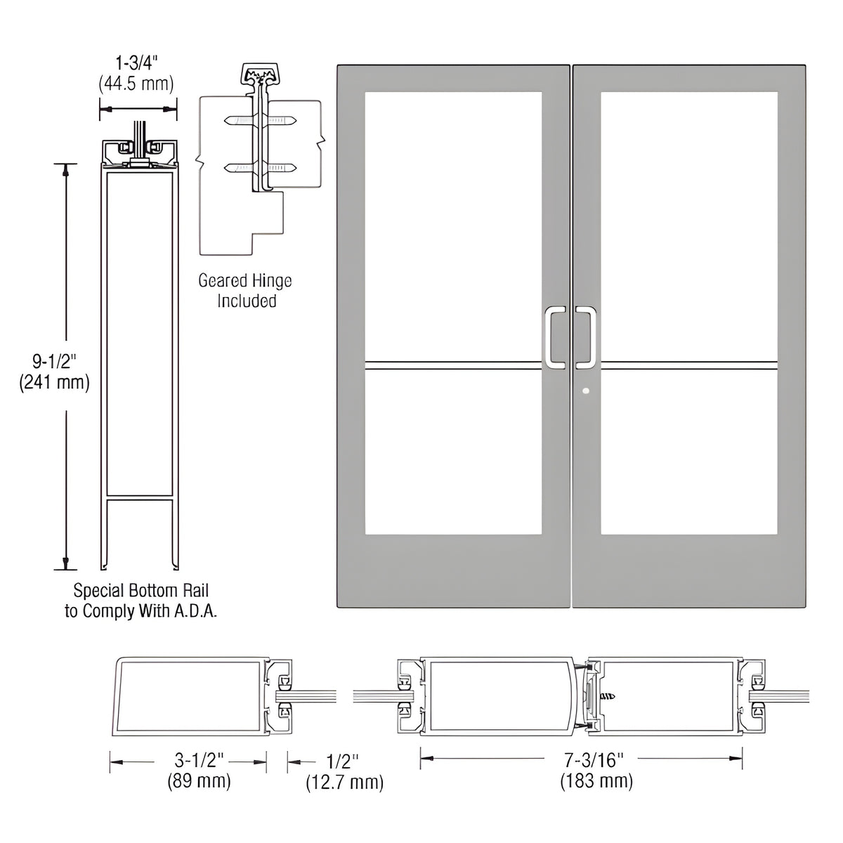 CRL-U.S. Aluminum Clear Anodized Custom Pair Series 400 Medium Stile Geared Hinge Entrance Door for Surface Mount Door Closers