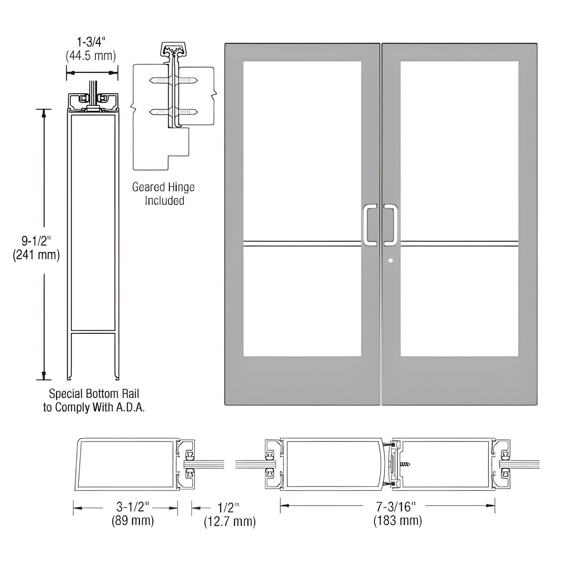 CRL-U.S. Aluminum Clear Anodized Custom Pair Series 400 Medium Stile Geared Hinge Entrance Door for Surface Mount Door Closers