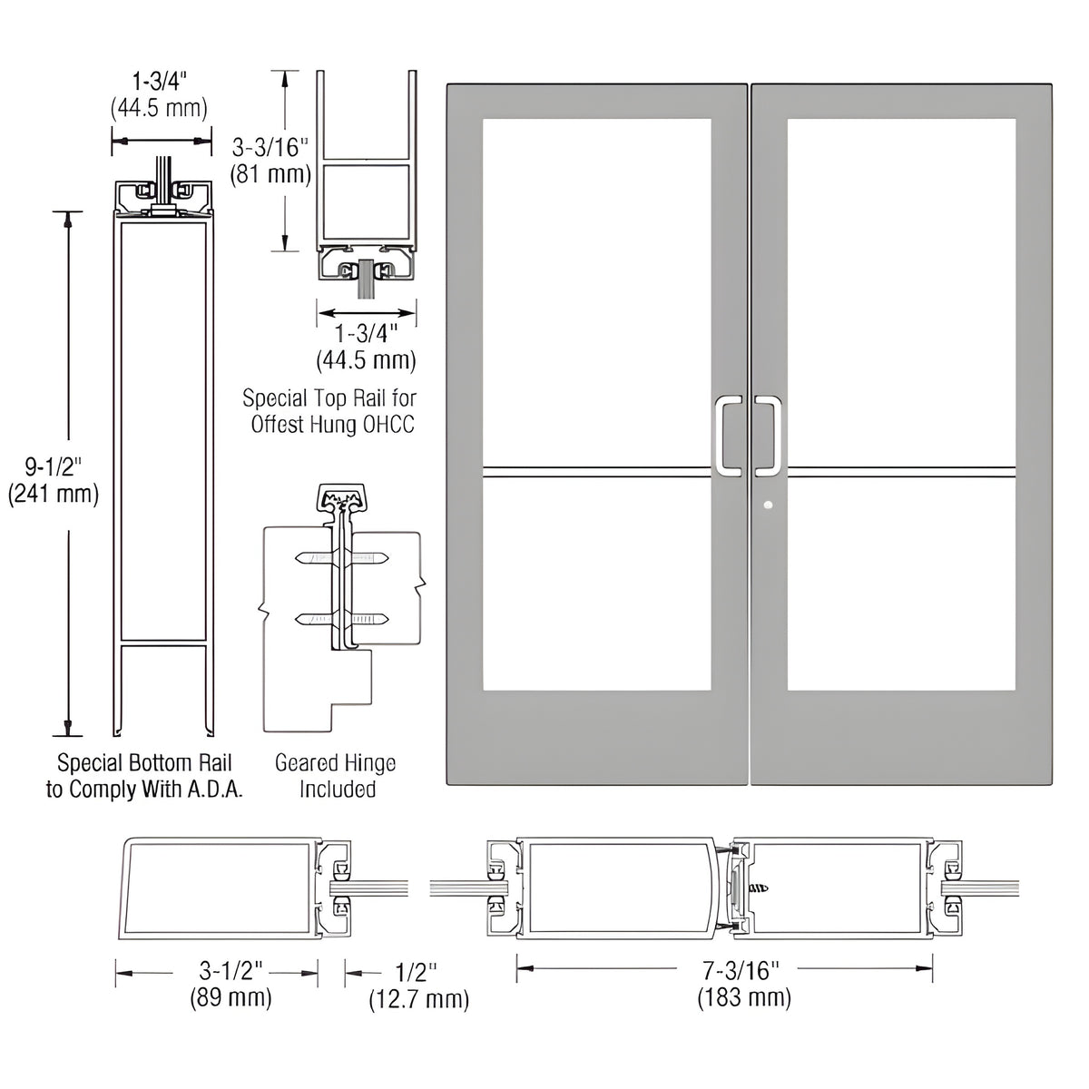 CRL-U.S. Aluminum Clear Anodized Custom Pair Series 400 Medium Stile Geared Hinge Entrance Door for Overhead Concealed Door Closers