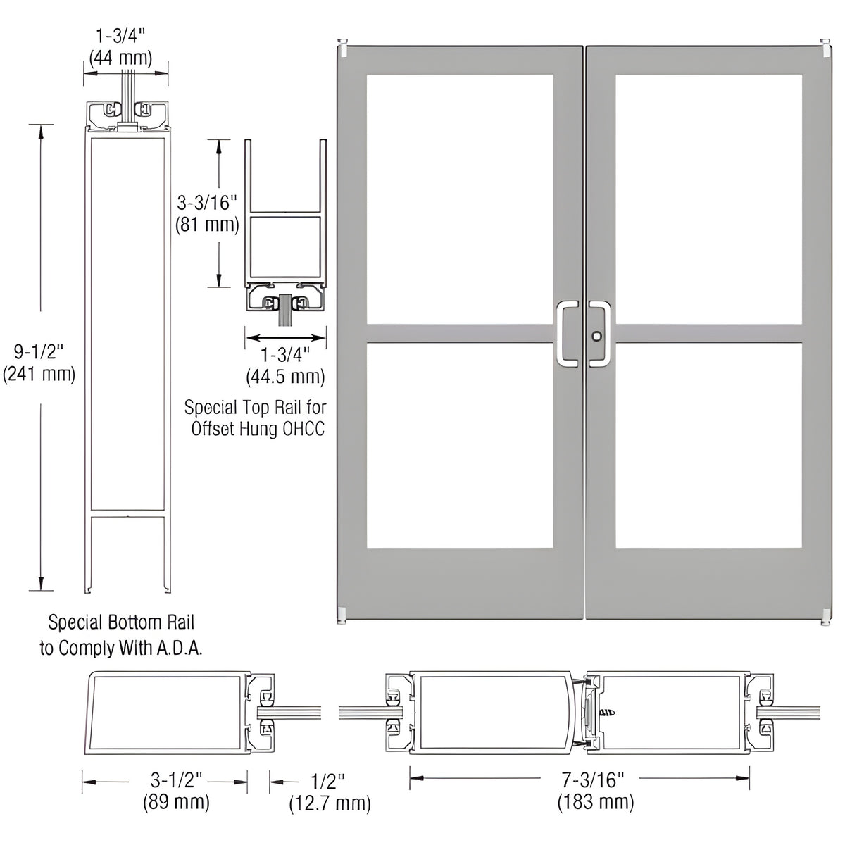 CRL-U.S. Aluminum Clear Anodized Custom Pair Series 400 Medium Stile Offset Pivot Entrance Doors With Panics for Overhead Concealed Door Closers