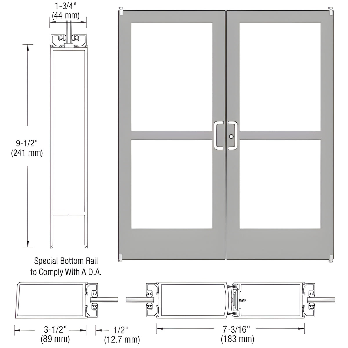 CRL-U.S. Aluminum Clear Anodized Custom Pair Series 400 Medium Stile Offset Pivot Entrance Doors with Panics for Surface Mount Door Closers