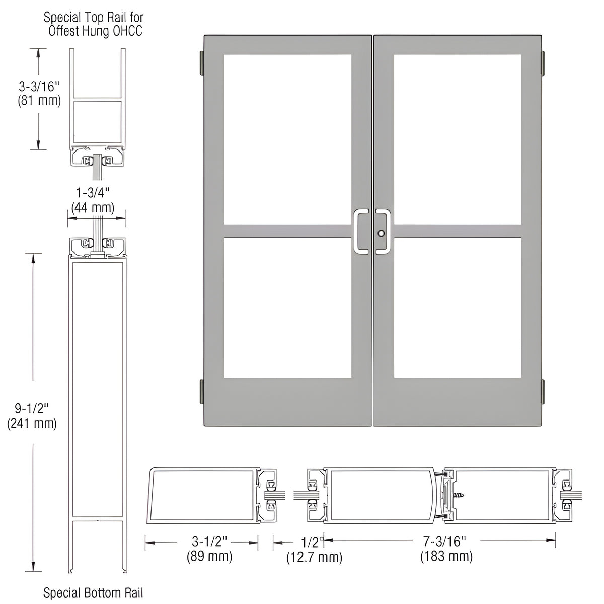 CRL-U.S. Aluminum Clear Anodized Custom Pair Series 400 Medium Stile Butt Hinged Entrance Doors With Panics for Overhead Concealed Door Closers
