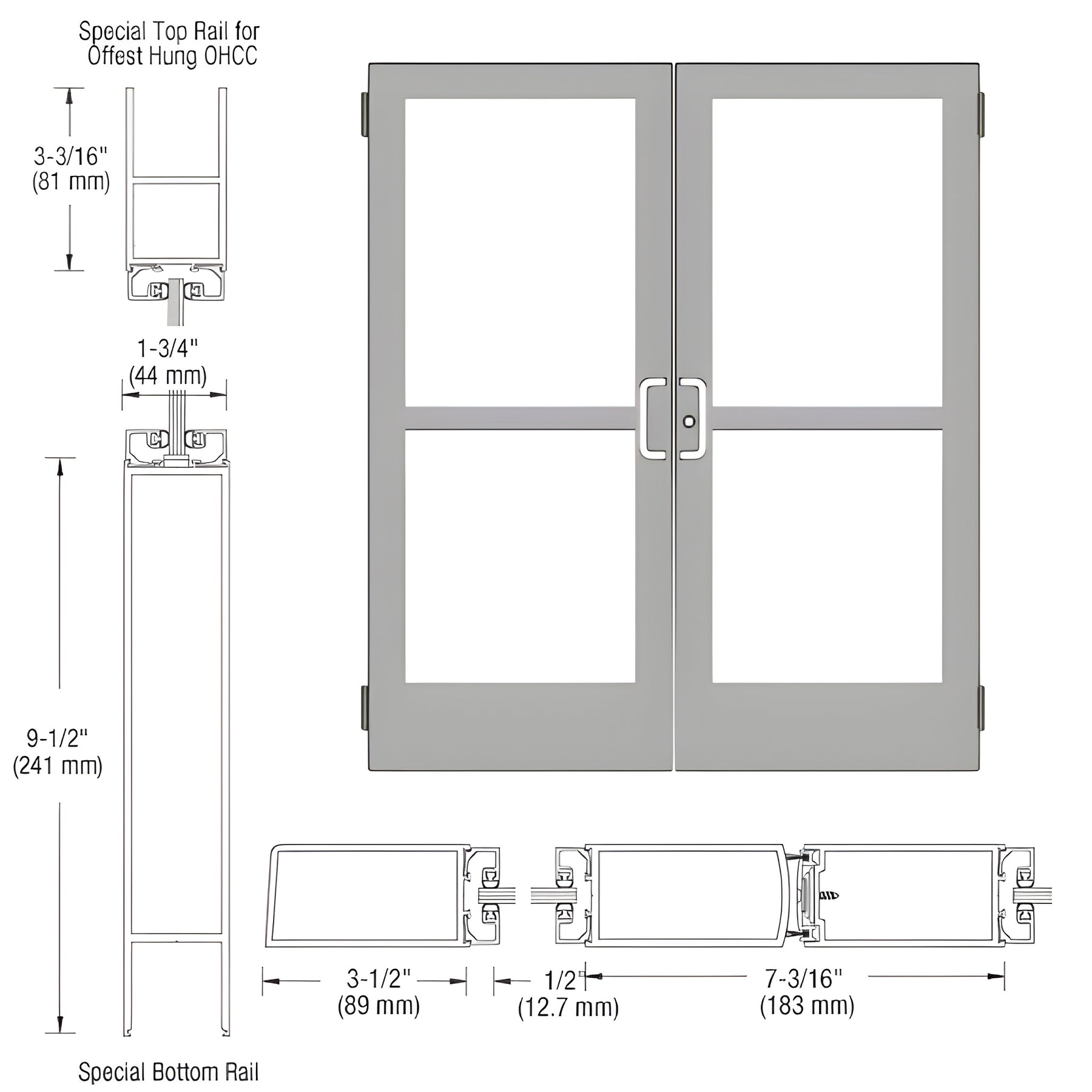 CRL-U.S. Aluminum Clear Anodized Custom Pair Series 400 Medium Stile Butt Hinged Entrance Doors With Panics for Overhead Concealed Door Closers