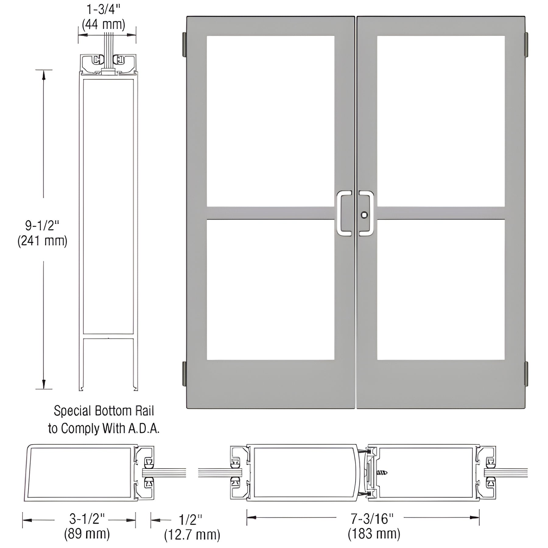 CRL-U.S. Aluminum Clear Anodized Custom Pair Series 400 Medium Stile Butt Hinged Entrance Doors With Panics for Surface Mount Door Closers
