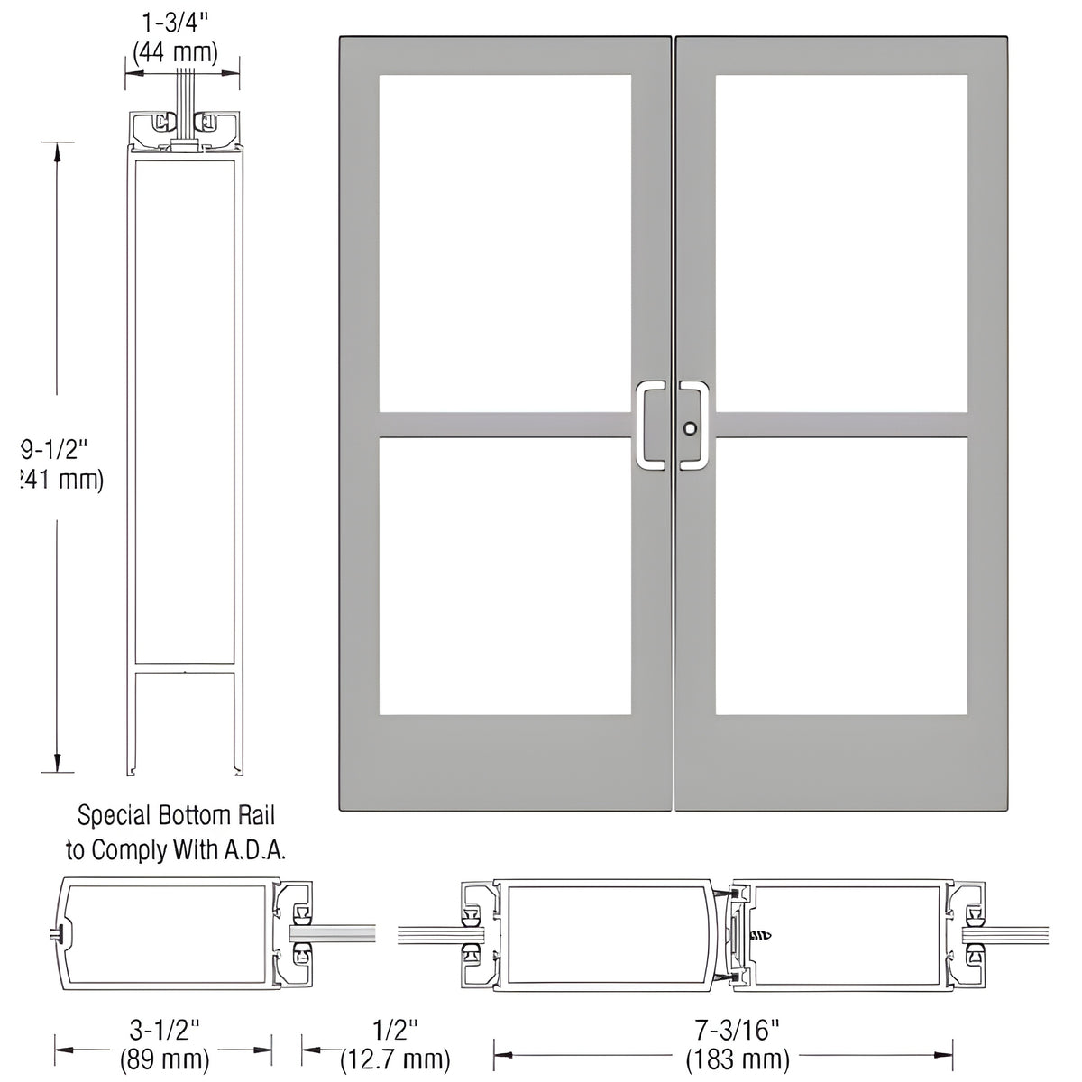 CRL-U.S. Aluminum Clear Anodized Custom Pair Series 400 Medium Stile Center Pivot Entrance Doors With Panics for Overhead Concealed Door Closers