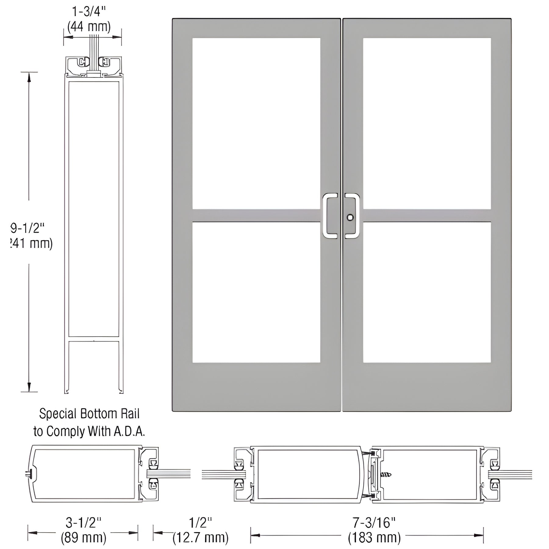 CRL-U.S. Aluminum Clear Anodized Custom Pair Series 400 Medium Stile Center Pivot Entrance Doors With Panics for Overhead Concealed Door Closers