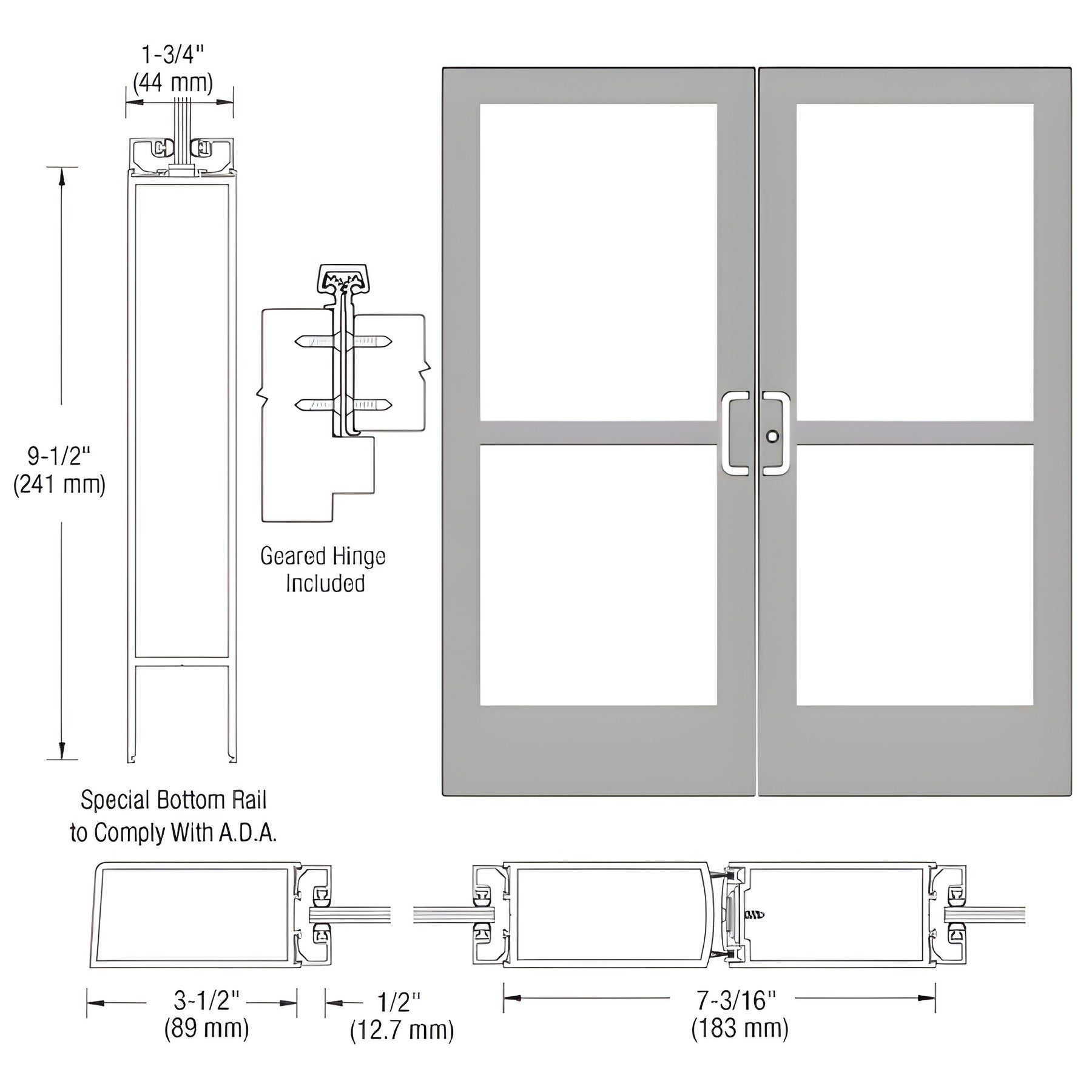 CRL-U.S. Aluminum Clear Anodized Custom Pair Series 400 Medium Stile Geared Hinge Entrance Doors for Surface Mount Door Closers