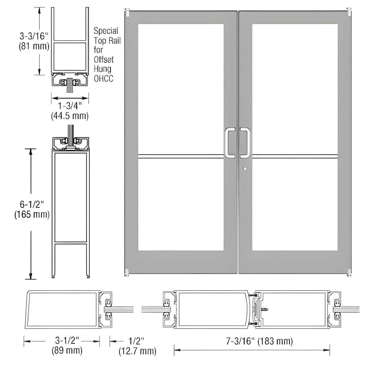 CRL-U.S. Aluminum Clear Anodized Custom Pair Series 400 Medium Stile Offset Pivot Entrance Doors for Overhead Concealed Door Closers