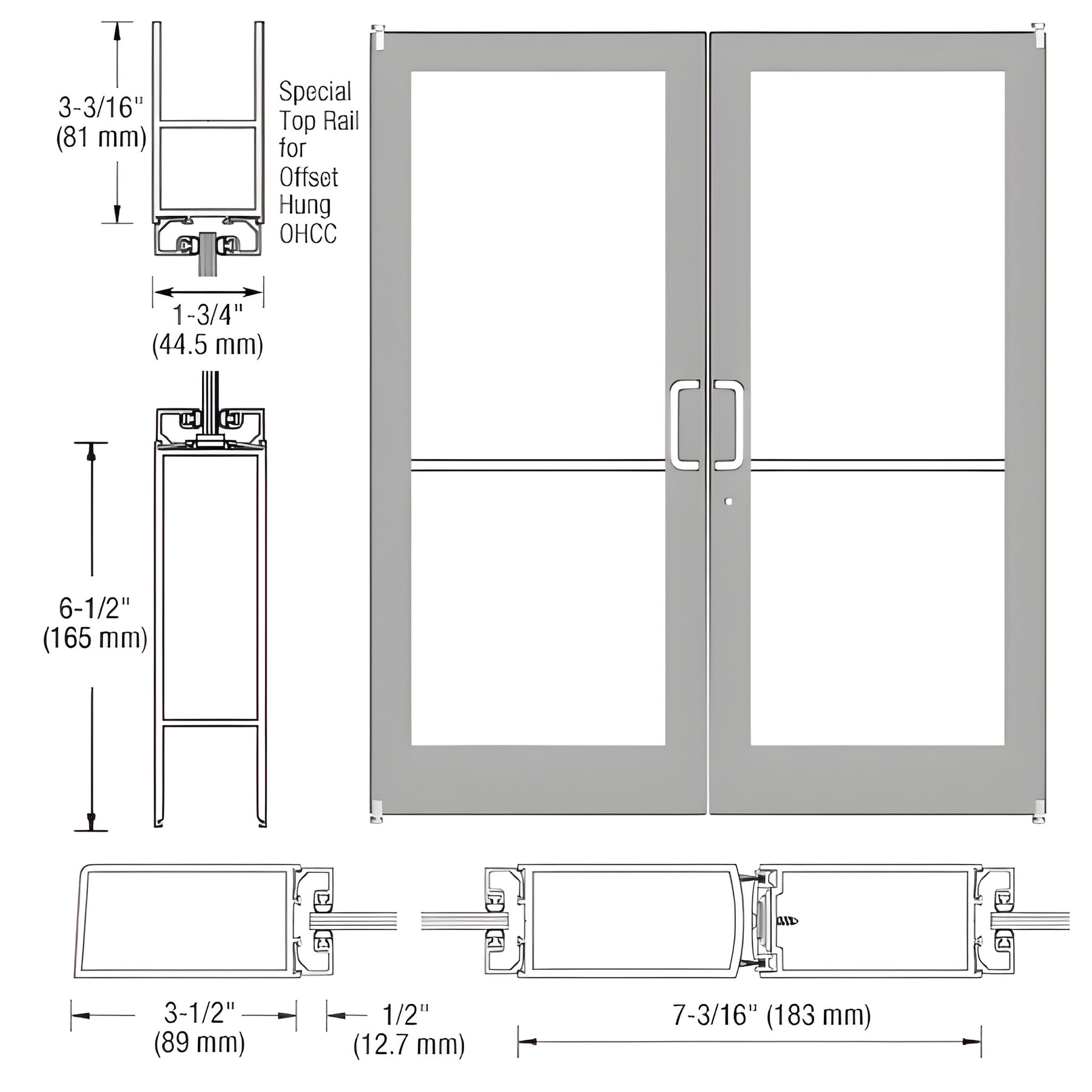 CRL-U.S. Aluminum Clear Anodized Custom Pair Series 400 Medium Stile Offset Pivot Entrance Doors for Overhead Concealed Door Closers
