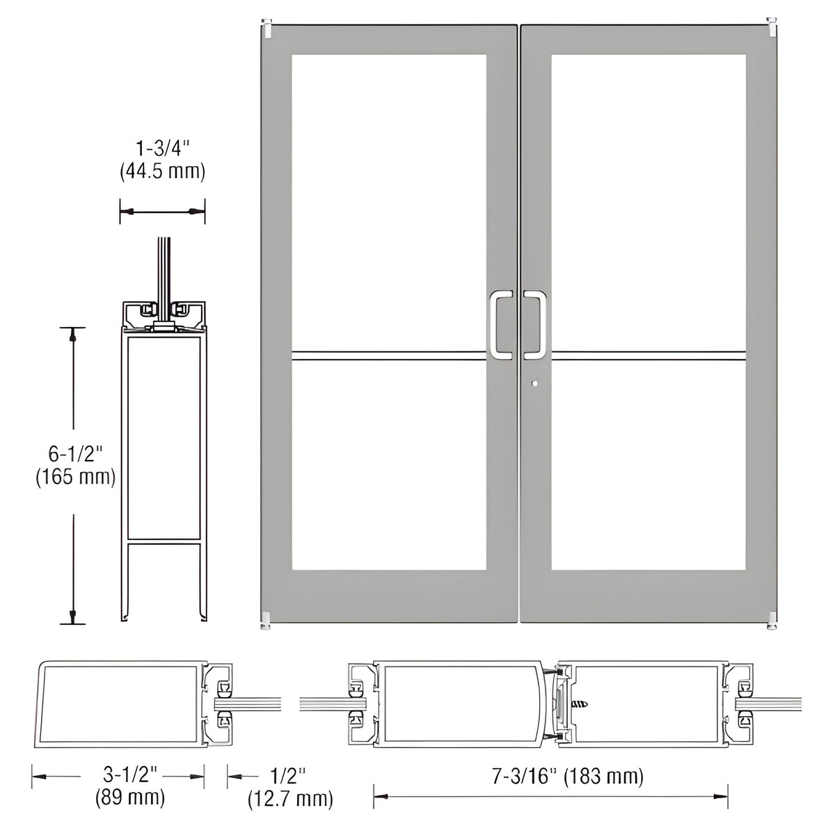 CRL-U.S. Aluminum Clear Anodized Custom Pair Series 400 Medium Stile Offset Pivot Entrance Doors for Surface Mount Door Closers