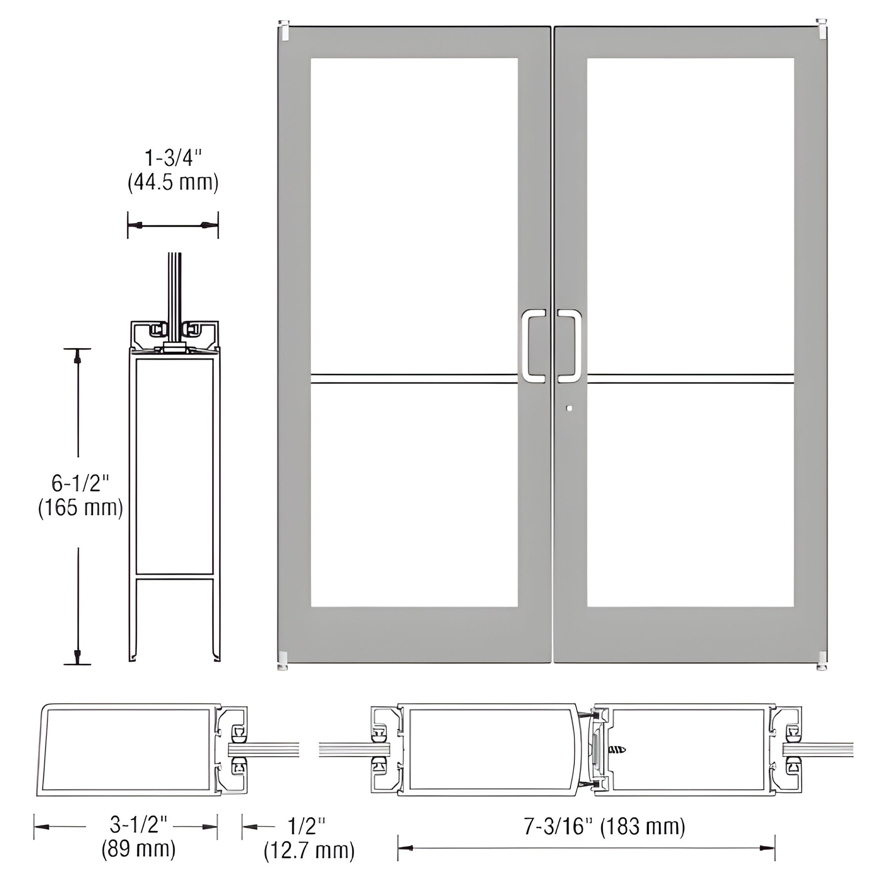 CRL-U.S. Aluminum Clear Anodized Custom Pair Series 400 Medium Stile Offset Pivot Entrance Doors for Surface Mount Door Closers
