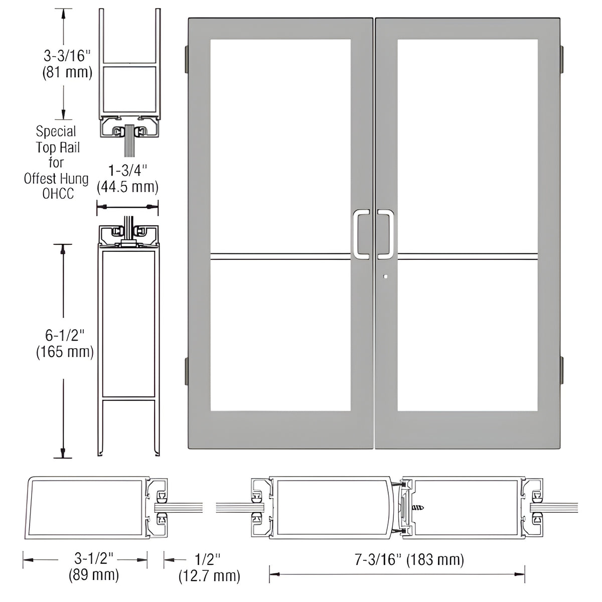 CRL-U.S. Aluminum Clear Anodized Custom Pair Series 400 Medium Stile Butt Hinged Entrance Door for Overhead Concealed Door Closers