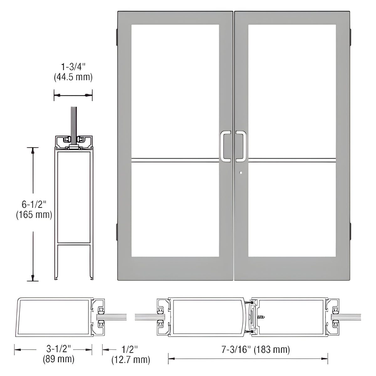 CRL-U.S. Aluminum Clear Anodized Custom Pair Series 400 Medium Stile Butt Hinged Entrance Doors for Surface Mount Door Closers