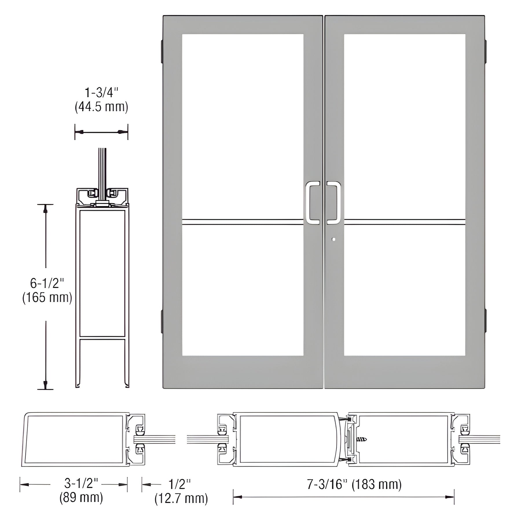 CRL-U.S. Aluminum Clear Anodized Custom Pair Series 400 Medium Stile Butt Hinged Entrance Doors for Surface Mount Door Closers