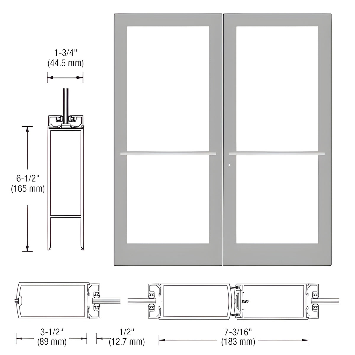 CRL-U.S. Aluminum Clear Anodized Custom Pair Series 400 Medium Stile Center Pivot Entrance Doors for Overhead Concealed Door Closers