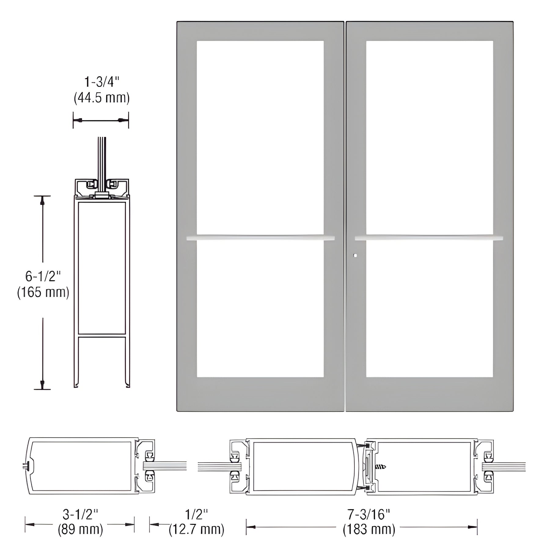 CRL-U.S. Aluminum Clear Anodized Custom Pair Series 400 Medium Stile Center Pivot Entrance Doors for Overhead Concealed Door Closers