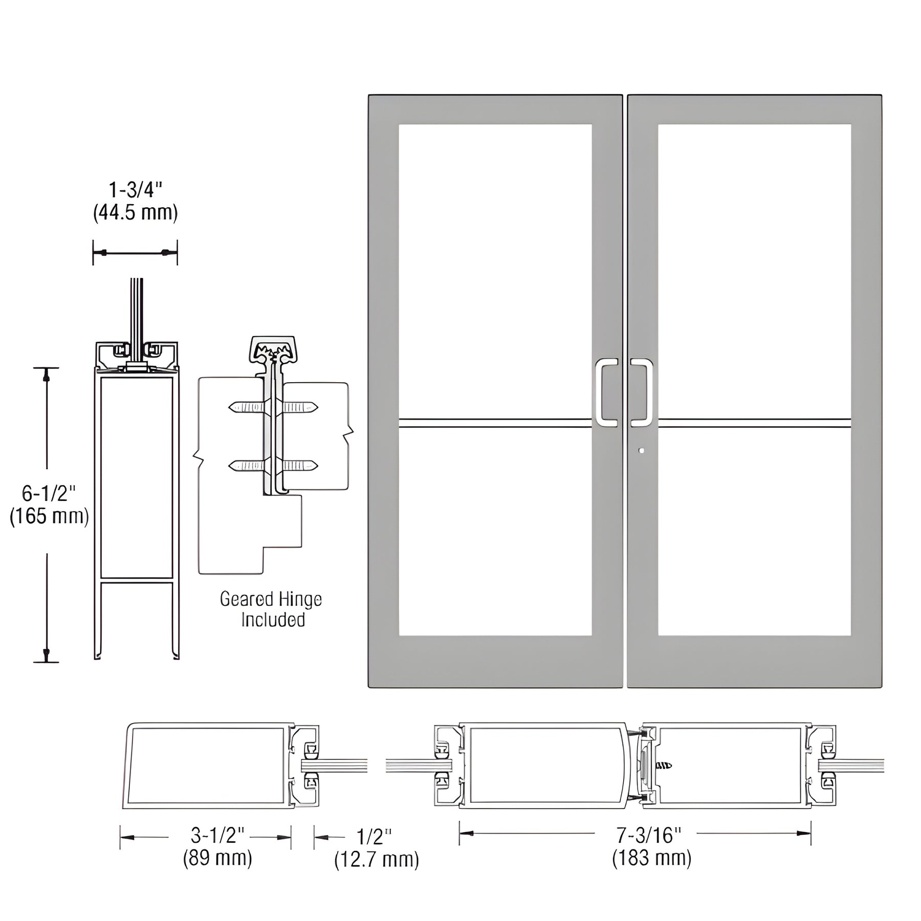 CRL-U.S. Aluminum Clear Anodized Custom Pair Series 400 Medium Stile Geared Hinge Entrance Doors for Surface Mount Door Closers