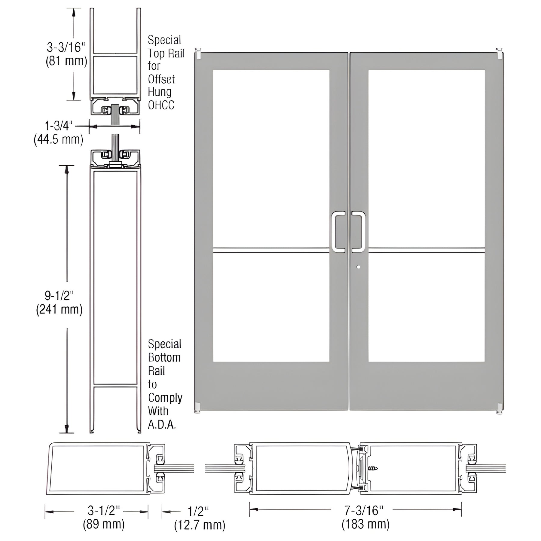 CRL-U.S. Aluminum Clear Anodized Custom Pair Series 400 Medium Stile Offset Pivot Entrance Doors for Overhead Concealed Door Closers