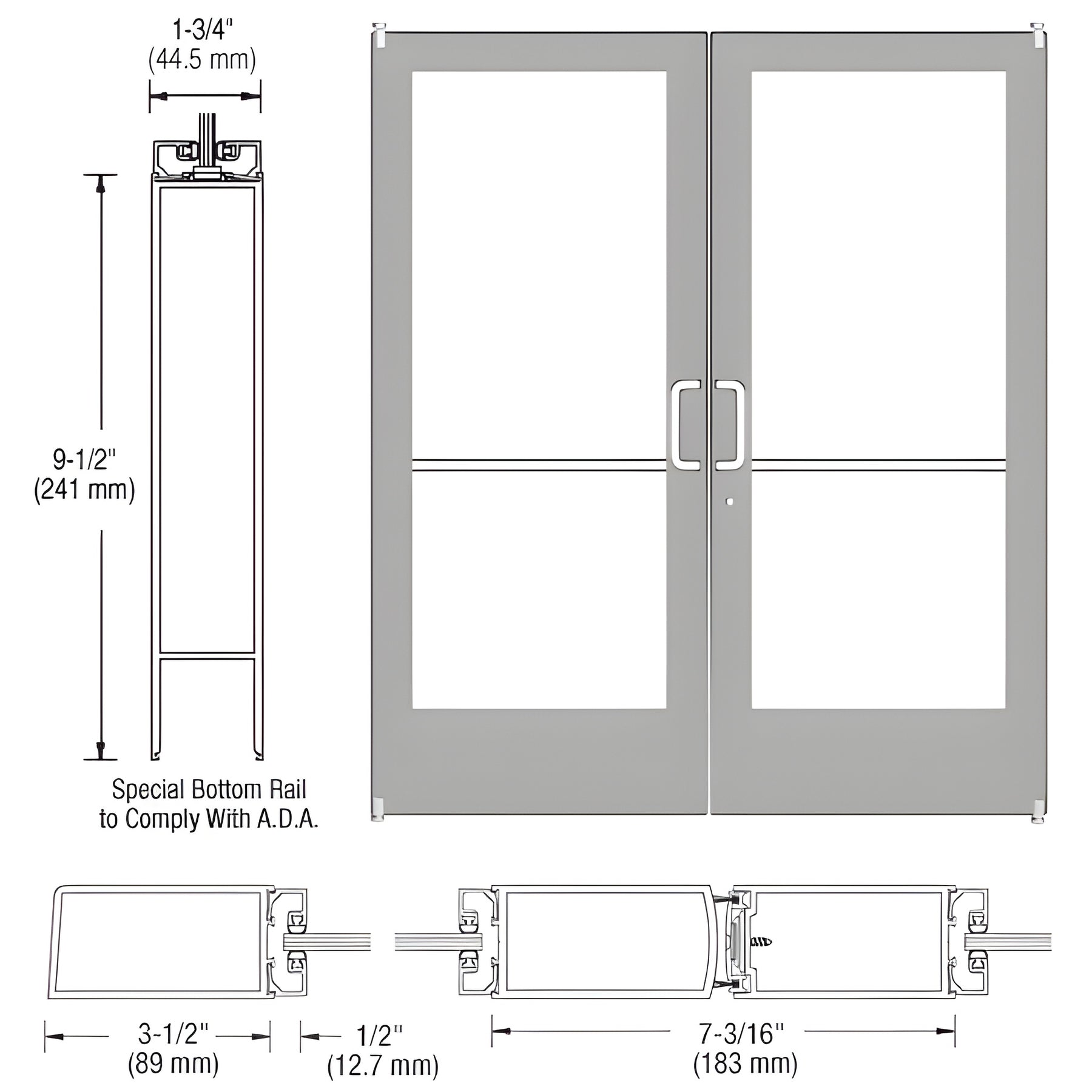 CRL-U.S. Aluminum Clear Anodized Custom Pair Series 400 Medium Stile Offset Pivot Entrance Doors for Surface Mount Door Closer