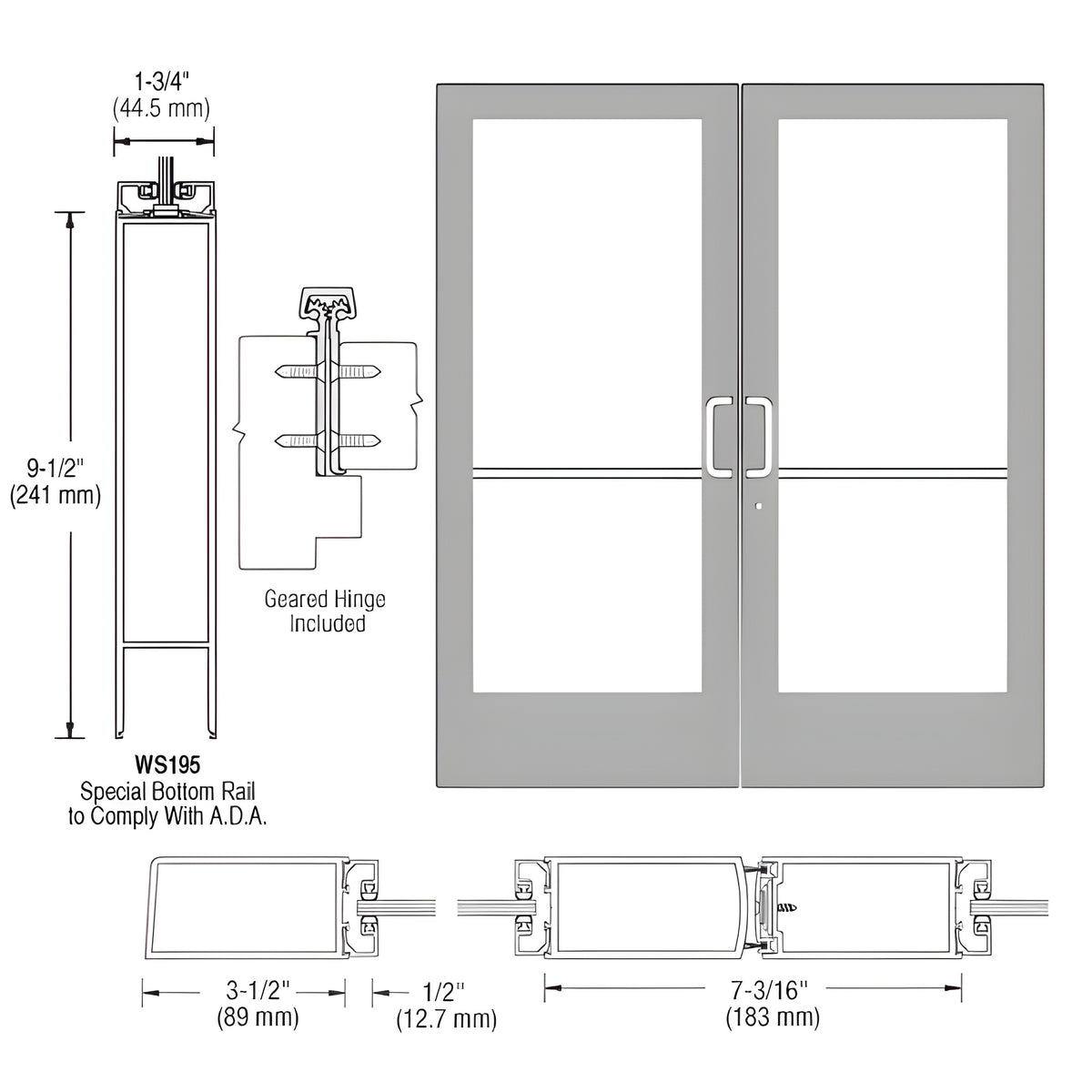 CRL-U.S. Aluminum Clear Anodized Custom Pair Series 400 Medium Stile Geared Hinge Entrance Doors for Surface Mount Door Closers