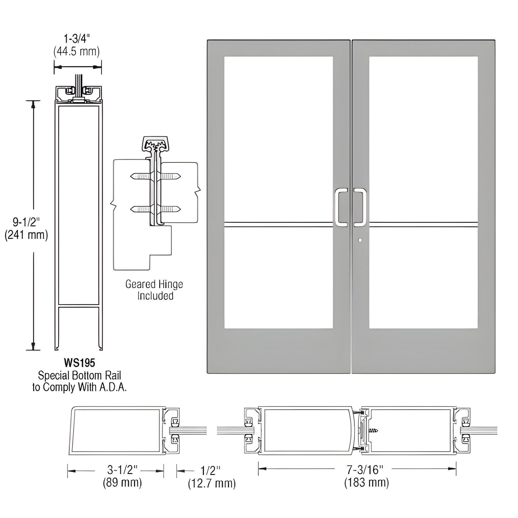CRL-U.S. Aluminum Clear Anodized Custom Pair Series 400 Medium Stile Geared Hinge Entrance Doors for Surface Mount Door Closers
