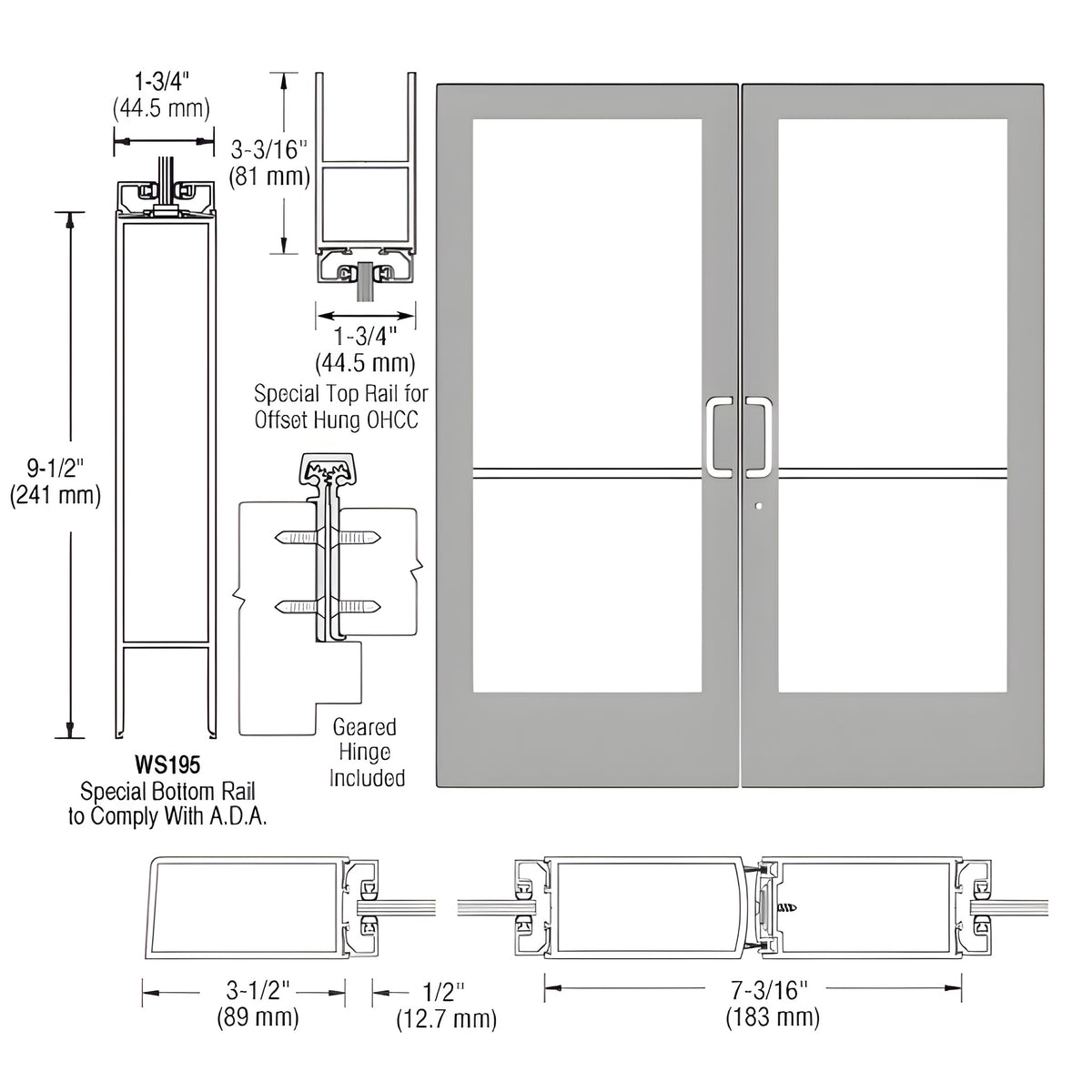 CRL-U.S. Aluminum Clear Anodized Custom Pair Series 400 Medium Stile Offset Hung Geared Hinge Entrance Doors for Overhead Concealed Door Closers