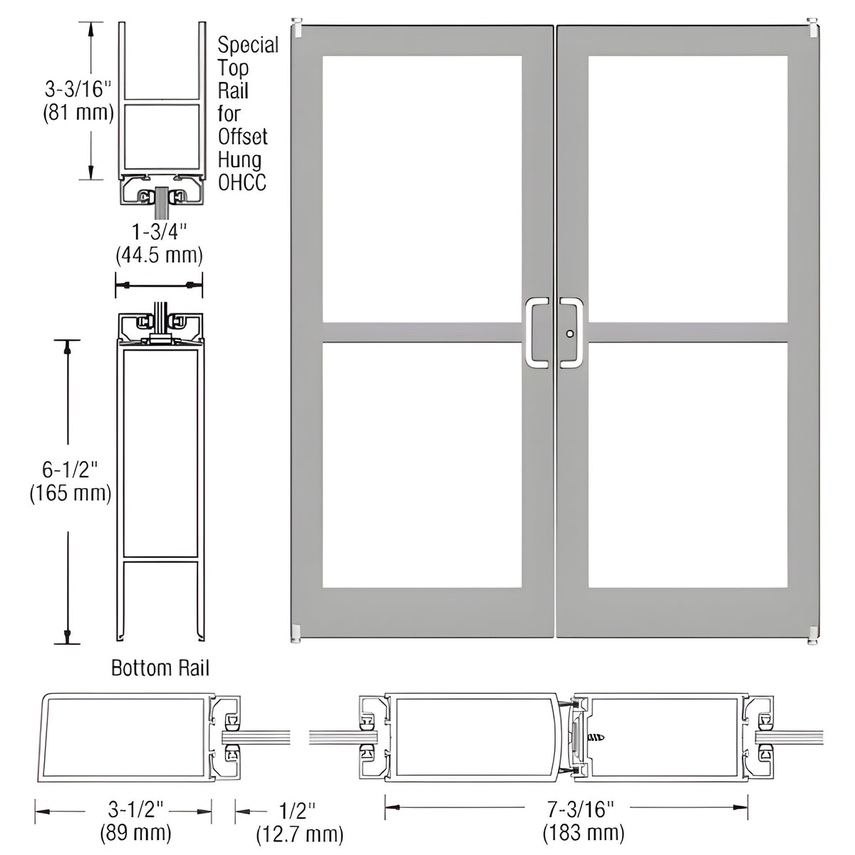 CRL-U.S. Aluminum Clear Anodized Custom Pair Series 400 Medium Stile Offset Pivot Entrance Doors For Panics and Overhead Concealed Door Closers