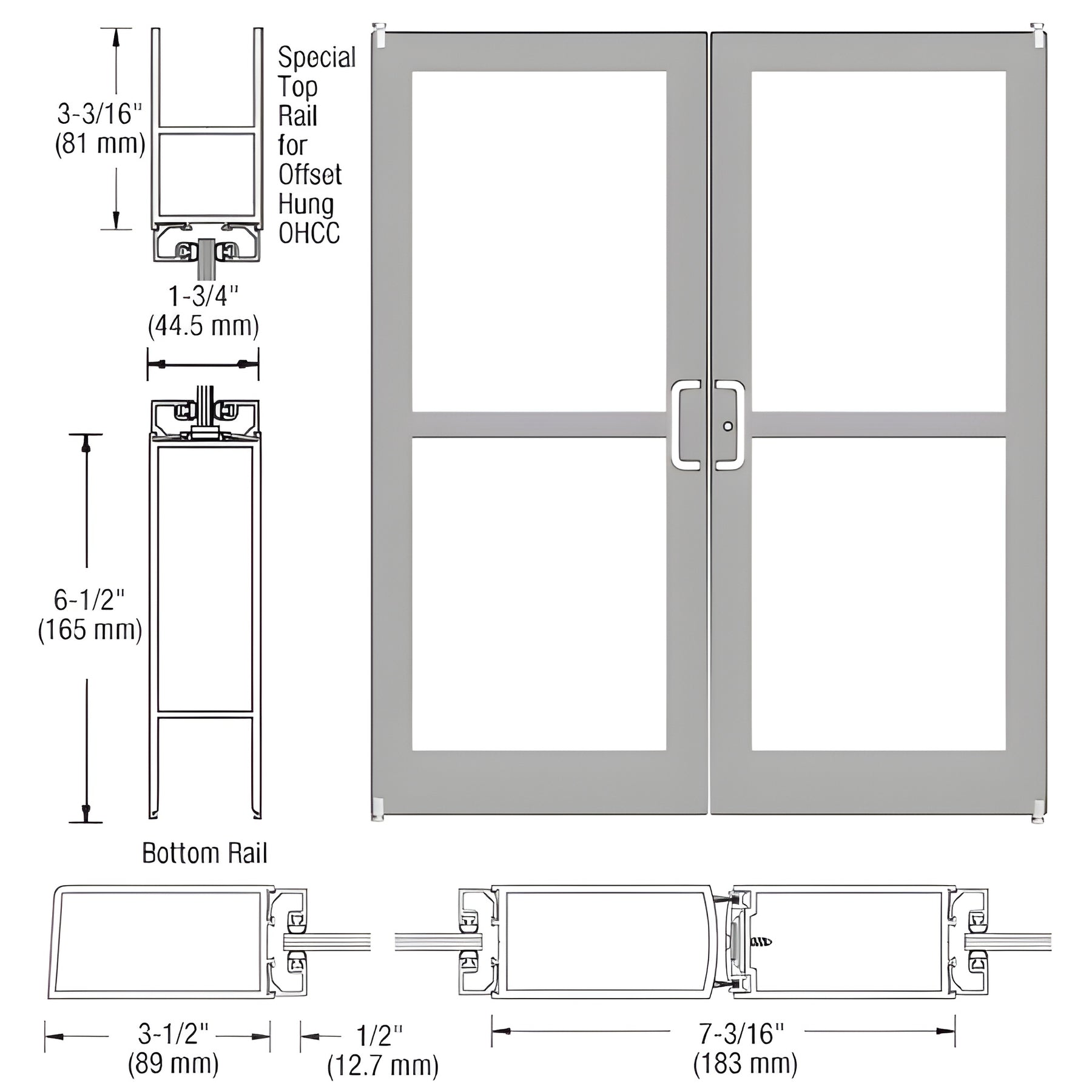 CRL-U.S. Aluminum Clear Anodized Custom Pair Series 400 Medium Stile Offset Pivot Entrance Doors For Panics and Overhead Concealed Door Closers