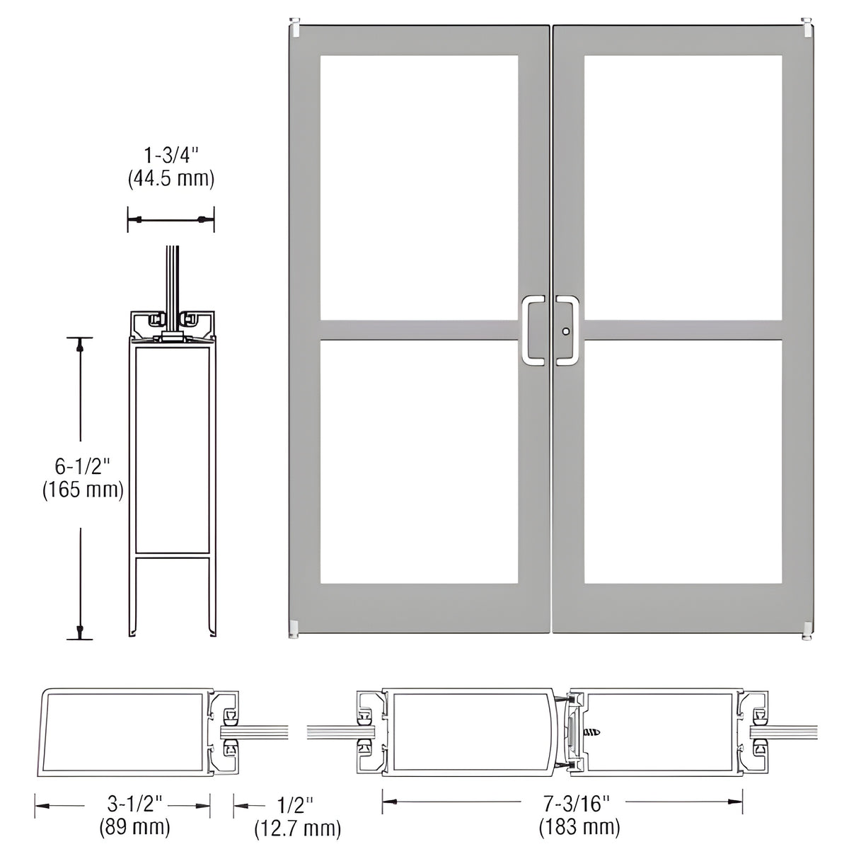 CRL-U.S. Aluminum Clear Anodized Custom Pair Series 400 Medium Stile Offset Pivot Entrance Doors For Panics for Surface Mount Door Closers