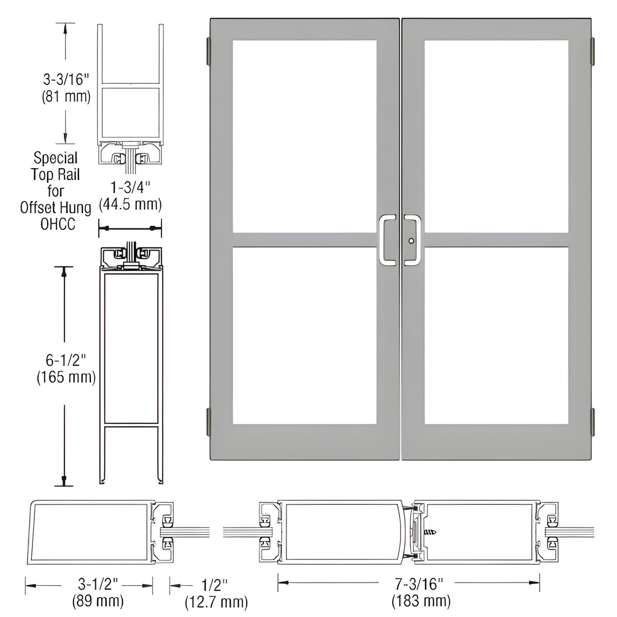 CRL-U.S. Aluminum Clear Anodized Custom Pair Series 400 Medium Stile Butt Hinged Entrance Doors With Panics for Overhead Concealed Door Closers