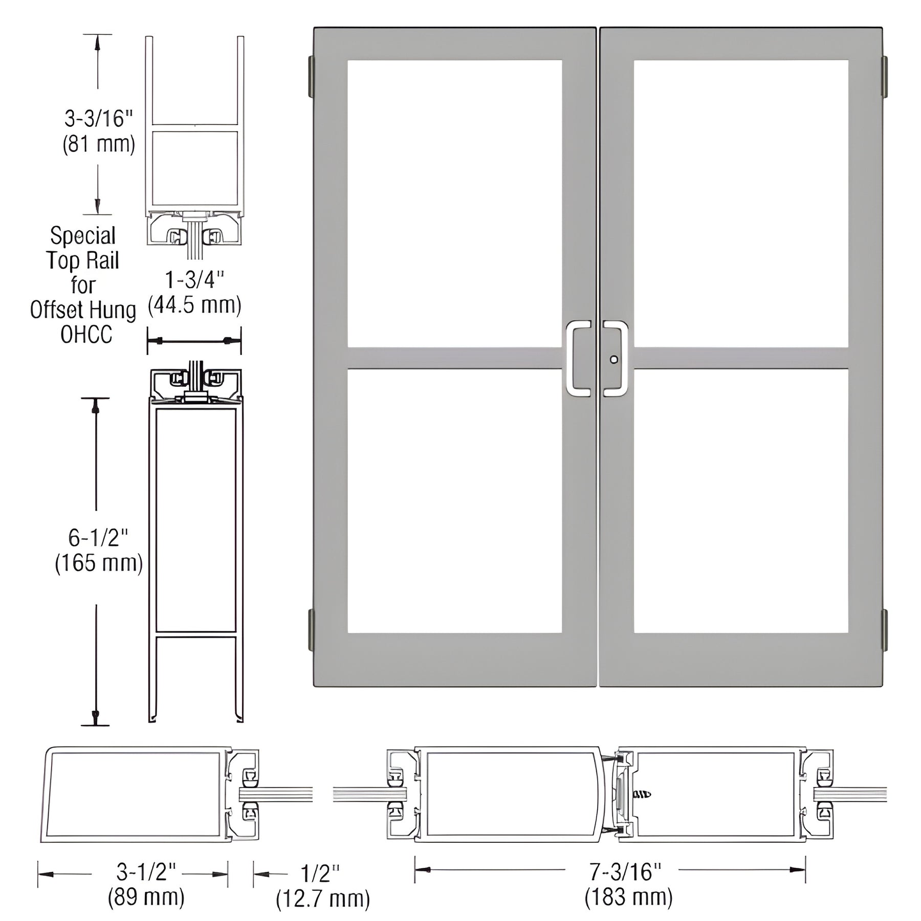 CRL-U.S. Aluminum Clear Anodized Custom Pair Series 400 Medium Stile Butt Hinged Entrance Doors With Panics for Overhead Concealed Door Closers