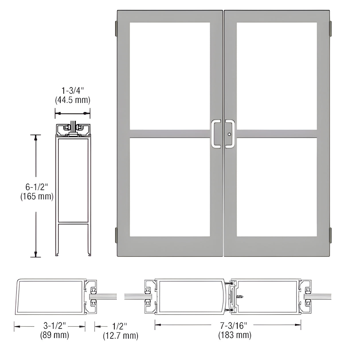 CRL-U.S. Aluminum Clear Anodized Custom Pair Series 400 Medium Stile Butt Hinged Entrance Door With Panics for Surface Mount Door Closers