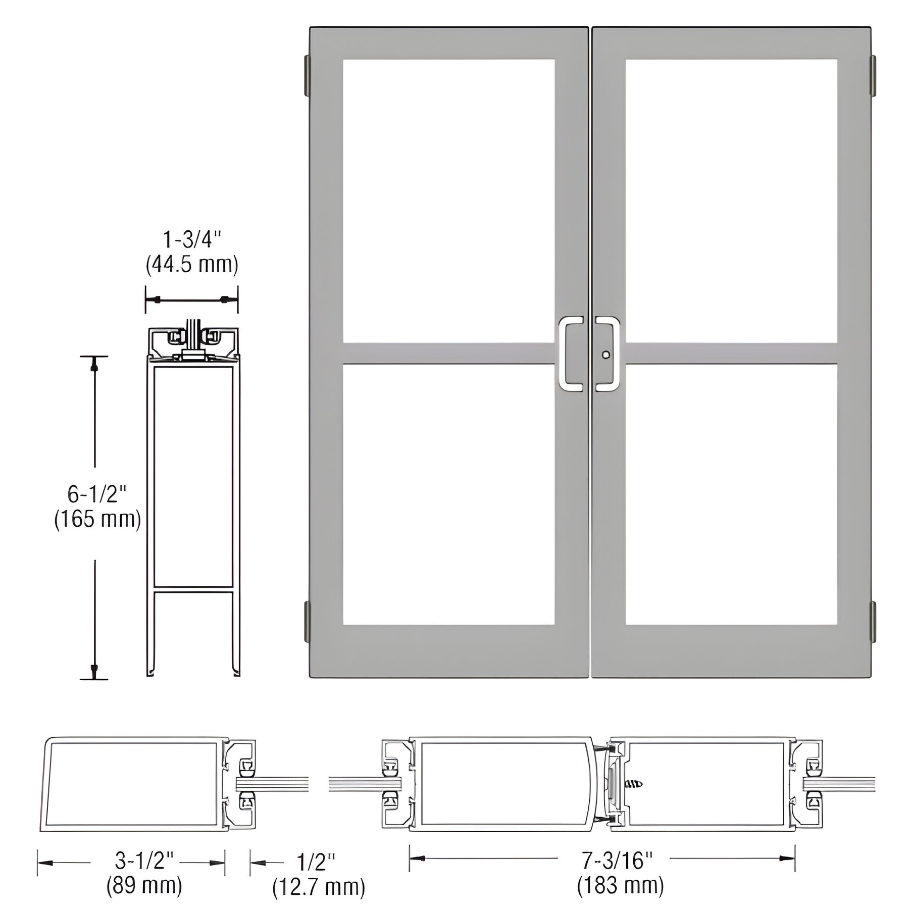 CRL-U.S. Aluminum Clear Anodized Custom Pair Series 400 Medium Stile Butt Hinged Entrance Door With Panics for Surface Mount Door Closers