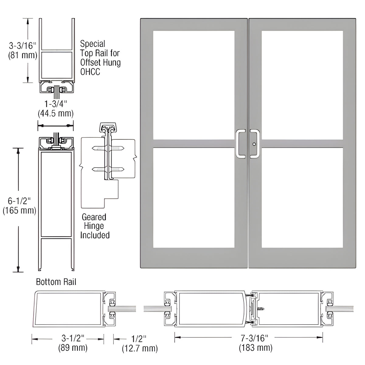 CRL-U.S. Aluminum Clear Anodized Custom Pair Series 400 Medium Stile Offset Hung Geared Hinge Entrance Doors For Panics and Overhead Concealed Door Closers