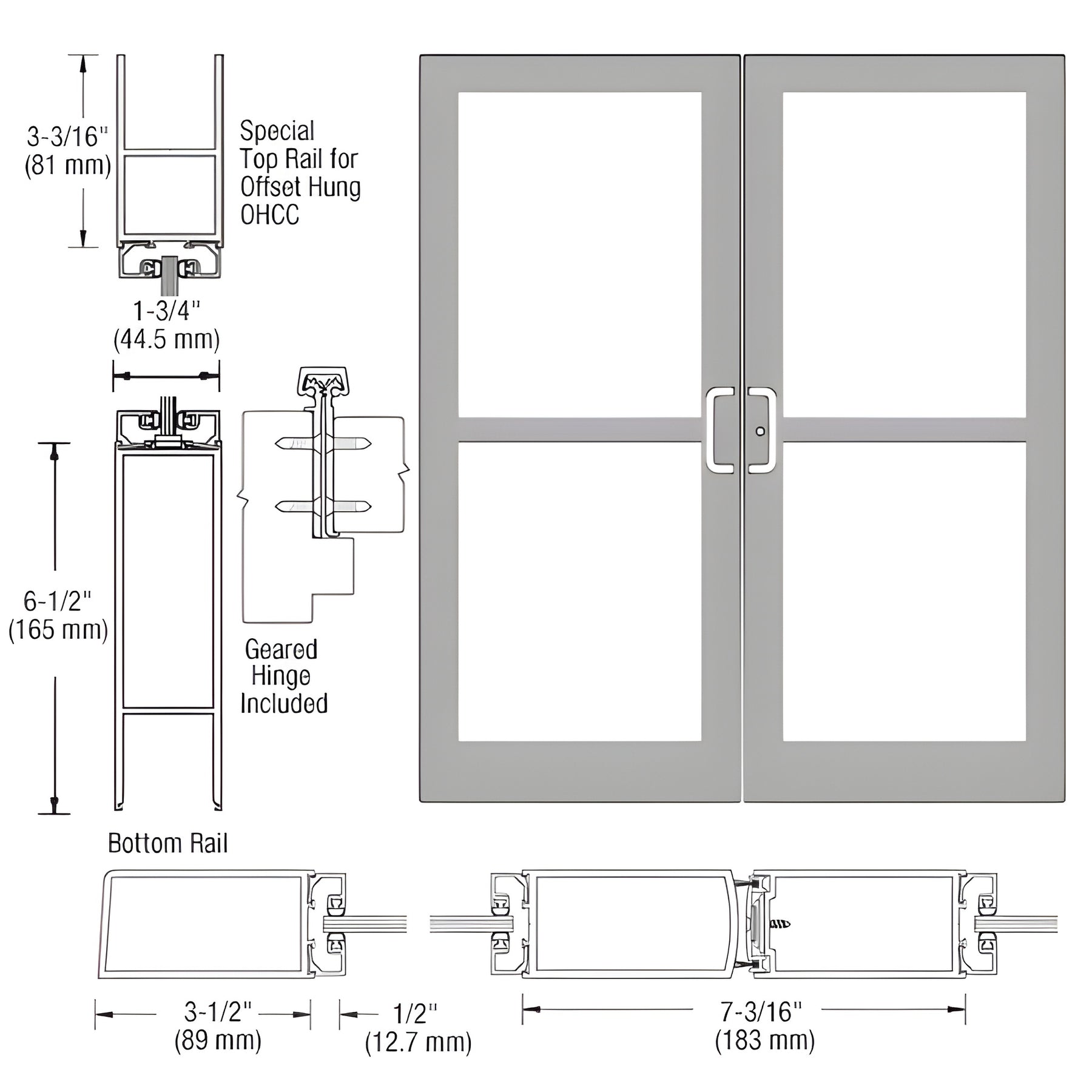 CRL-U.S. Aluminum Clear Anodized Custom Pair Series 400 Medium Stile Offset Hung Geared Hinge Entrance Doors For Panics and Overhead Concealed Door Closers