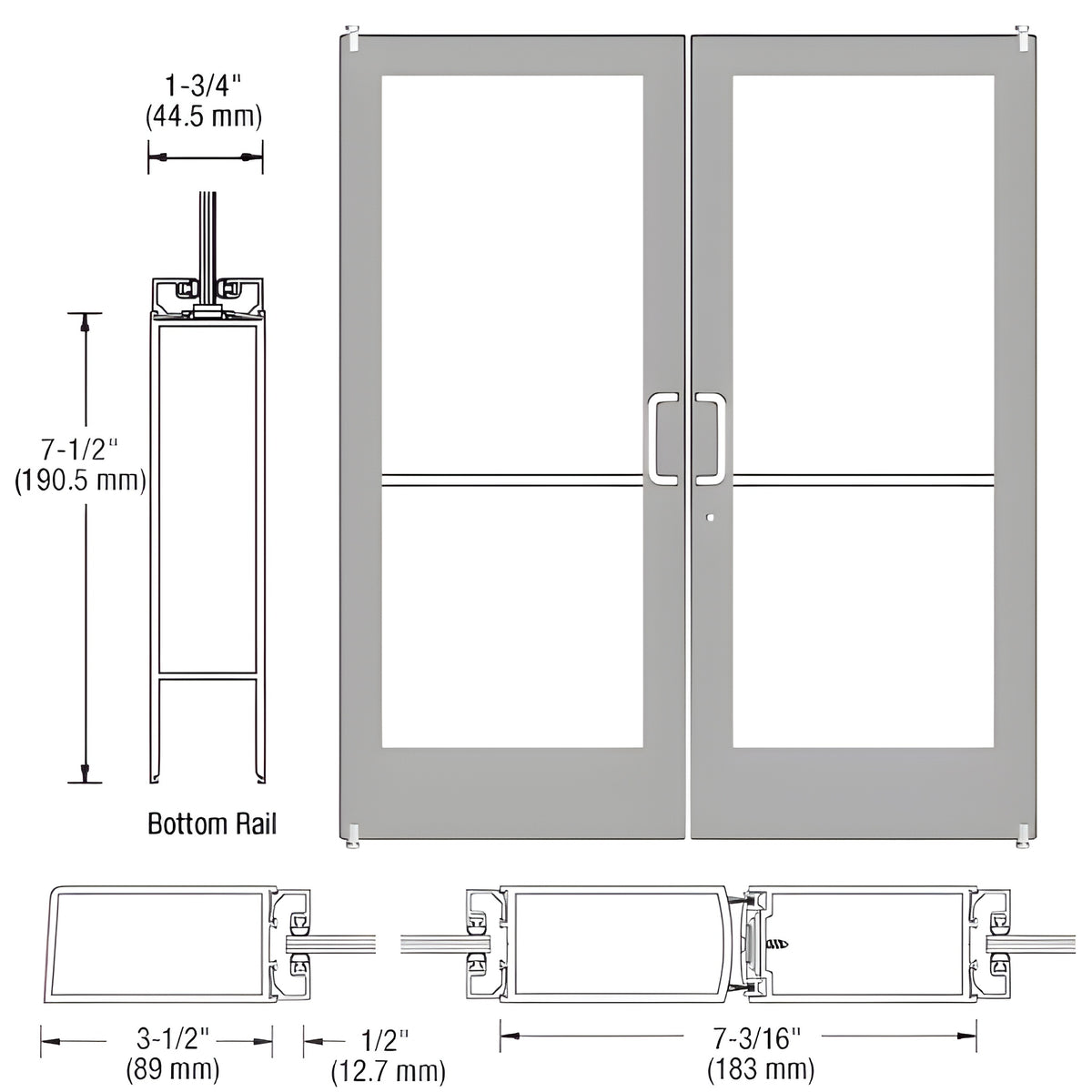 CRL-U.S. Aluminum Clear Anodized Custom Pair Series 400 Medium Stile Offset Pivot Entrance Doors for Surface Mount Door Closers