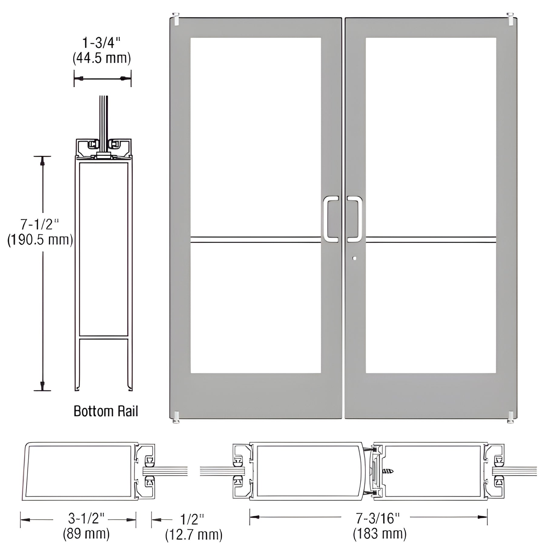 CRL-U.S. Aluminum Clear Anodized Custom Pair Series 400 Medium Stile Offset Pivot Entrance Doors for Surface Mount Door Closers