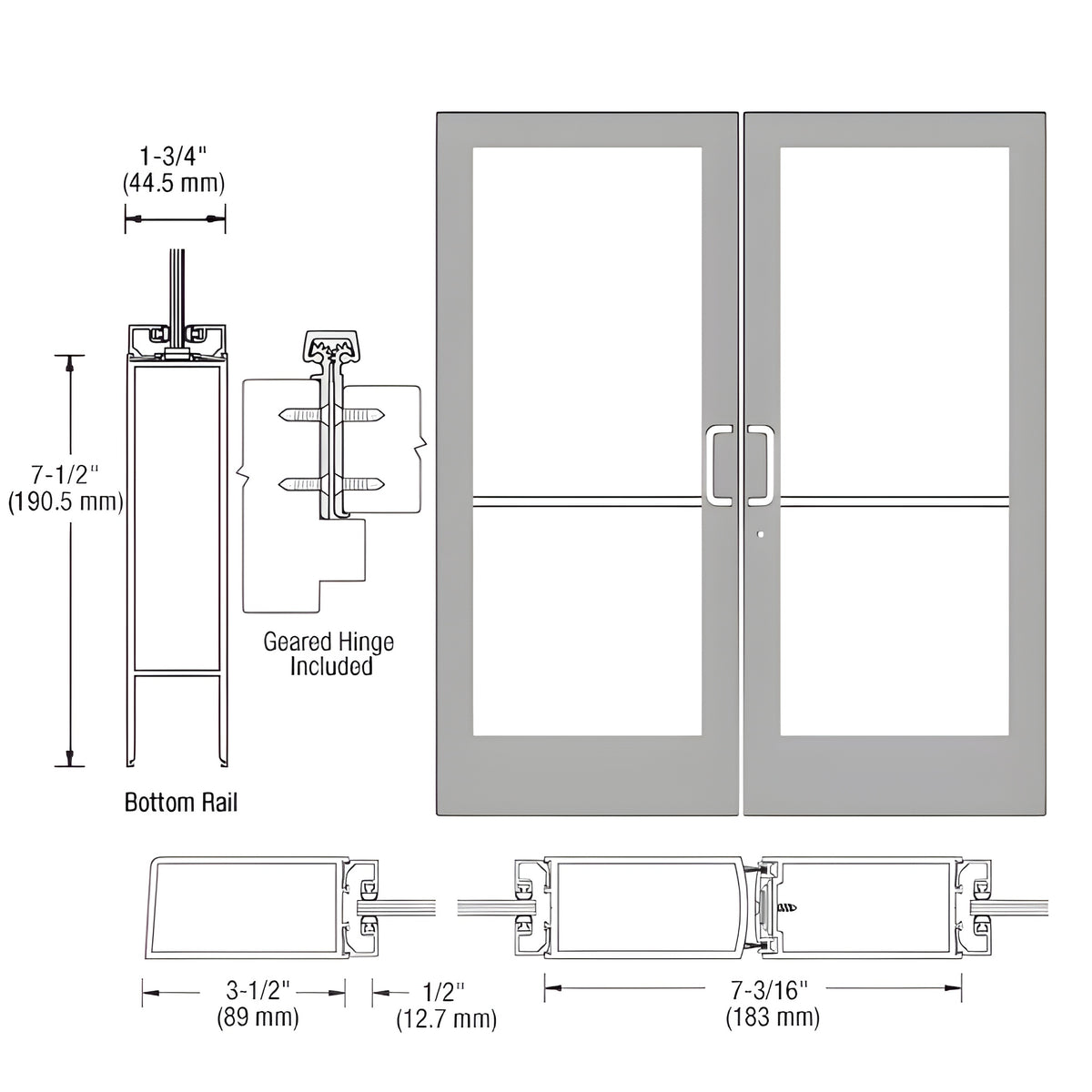 CRL-U.S. Aluminum Clear Anodized Custom Pair Series 400 Medium Stile Geared Hinge Entrance Door for Surface Mount Door Closers