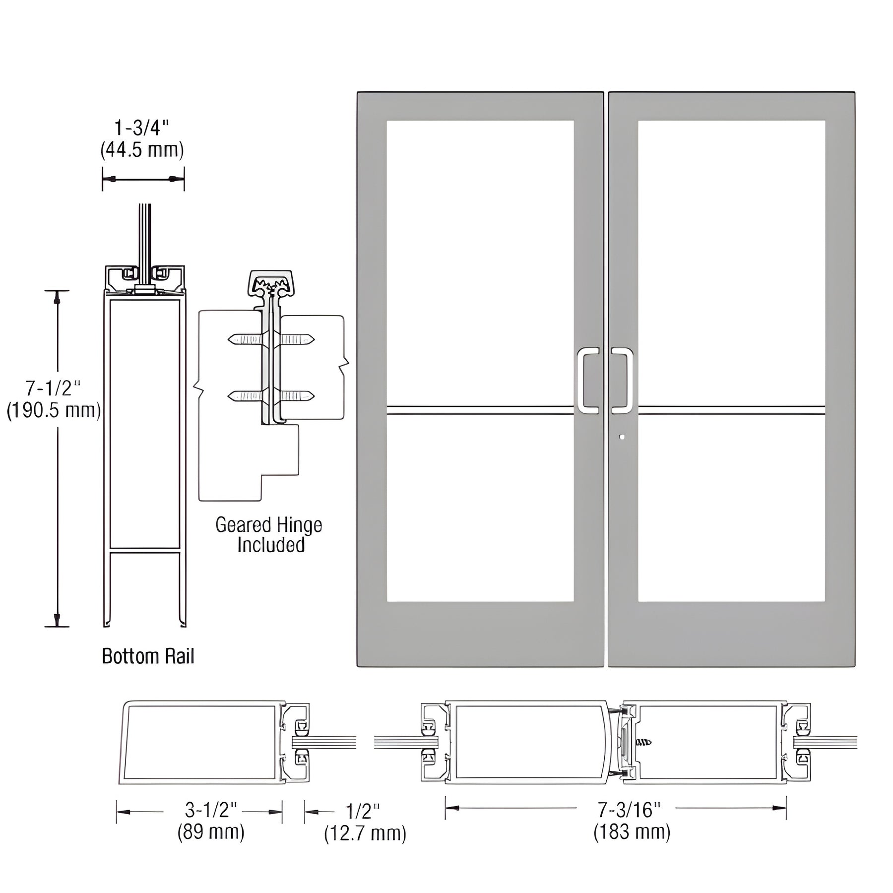 CRL-U.S. Aluminum Clear Anodized Custom Pair Series 400 Medium Stile Geared Hinge Entrance Door for Surface Mount Door Closers
